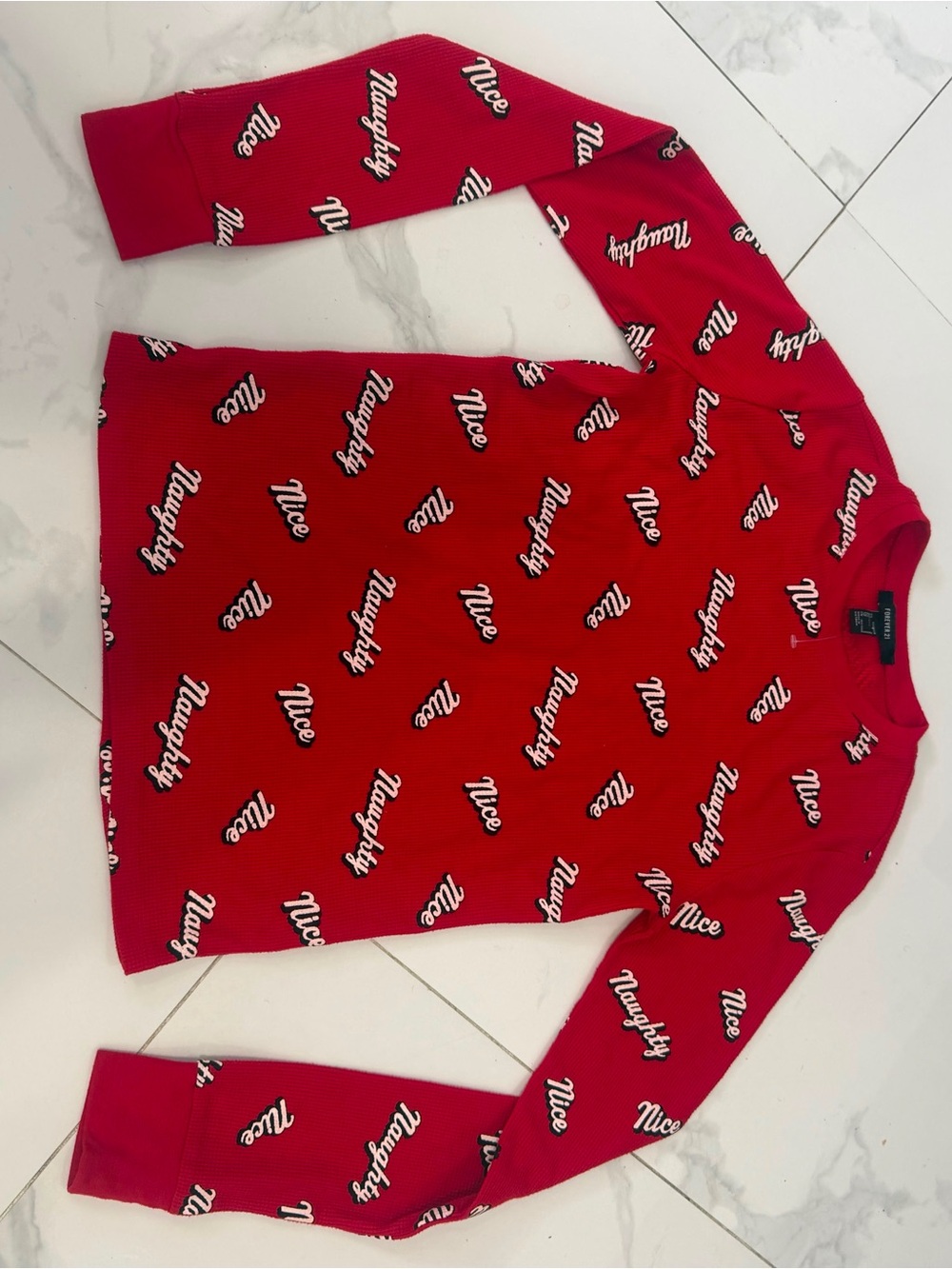 Fashion Nova Red 'Naughty Nice' Script Crewneck Sweater